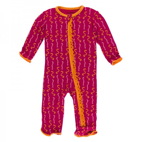Print Muffin Ruffle Coverall with Zipper in Rhododendron Worms