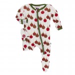 Holiday Print Footie with Zipper in Natural Ornaments 