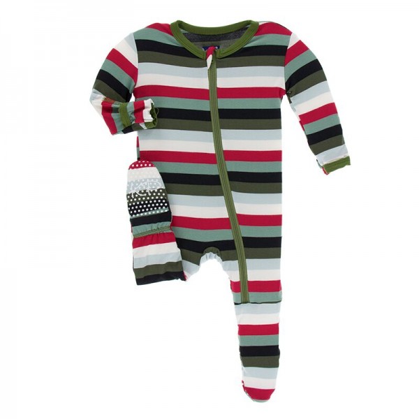 Holiday Print Footie with Zipper in Christmas Multi Stripe