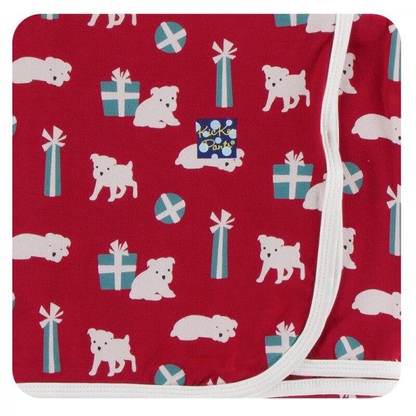 Holiday Print Swaddling Blanket in Crimson Puppies and Presents 