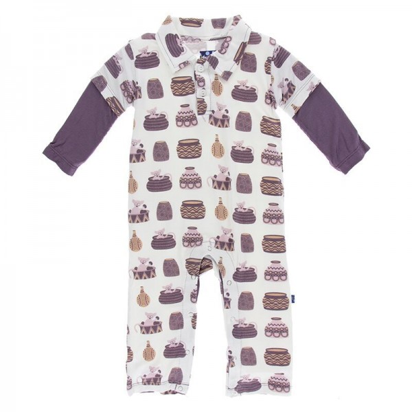 Print Long Sleeve Double Layer Polo Romper in Natural Bush Baby 