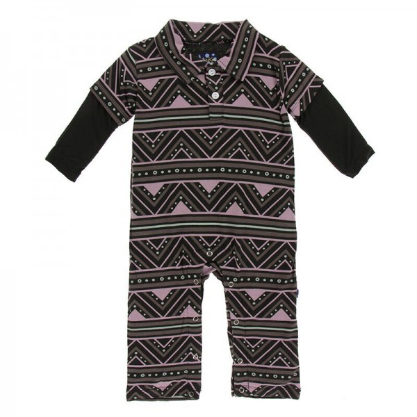 Print Long Sleeve Double Layer Polo Romper in African Pattern