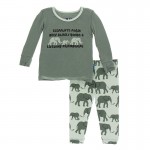 Print Long Sleeve Pajama Set in Aloe Elephants 