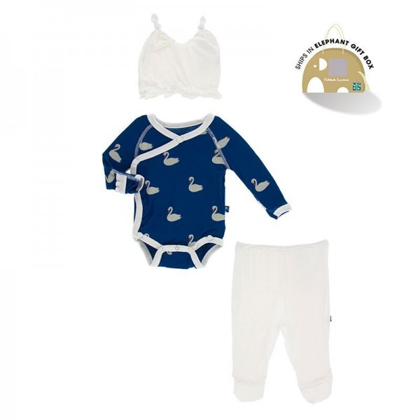Ruffle Kimono Newborn Gift Set with Elephant Gift Box in Navy Queen's Swans 