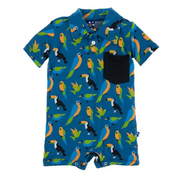 Print Short Sleeve Polo Romper with Pockets in Twilight Tropical Birds