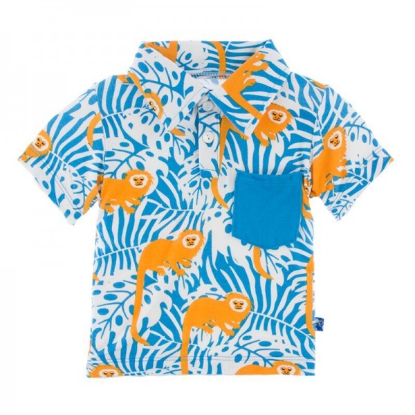 Print Short Sleeve Polo with Pocket in Tamarin Monkey