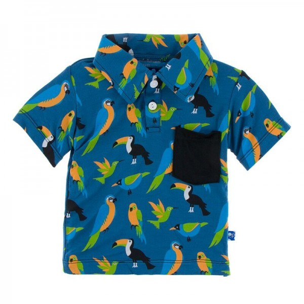 Print Short Sleeve Polo with Pocket in Twilight Tropical Birds