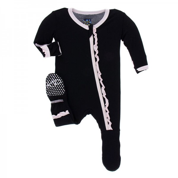 Solid Muffin Ruffle Footie with Zipper in Midnight with Macaroon