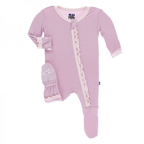 Solid Muffin Ruffle Footie with Zipper in Sweet Pea with Macaroon