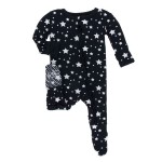 Print Layette Classic Ruffle Footie with Zipper in Silver Stars