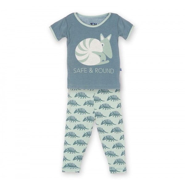 Print Short Sleeve Pajama Set in Aloe Armadillo