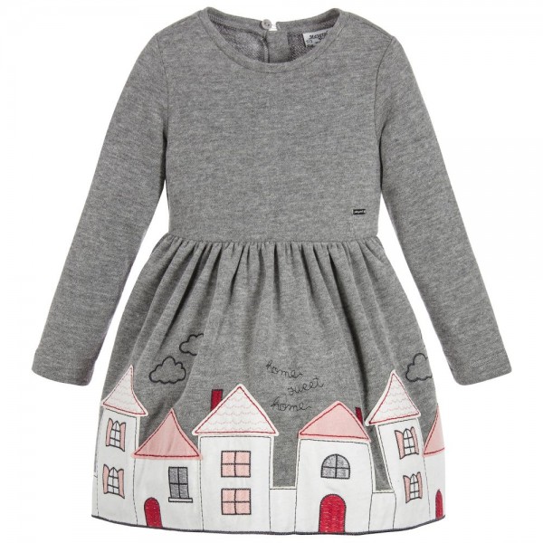 Girls Grey Dress with Houses