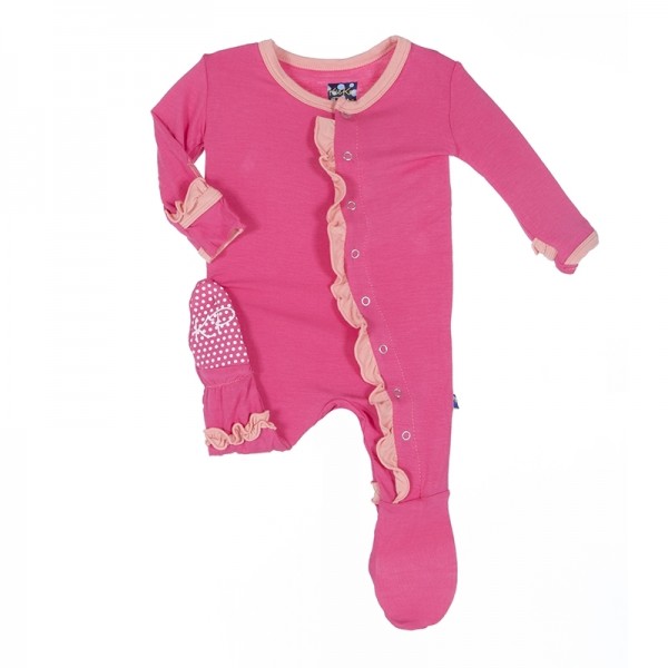 Solid Ruffle Footie with Paws in Winter Rose with Blush Trim