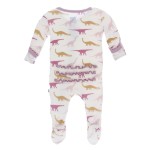 Print Muffin Ruffle Footie with Zipper in Natural Sauropods