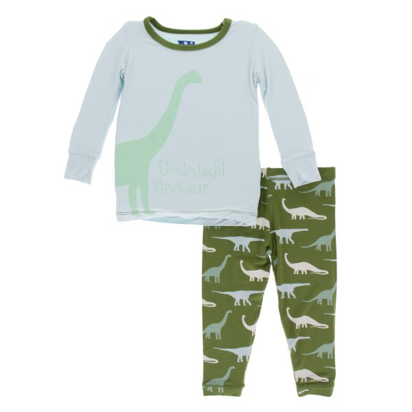Print Long Sleeve Pajama Set in Moss Goodnight Dinosaur 