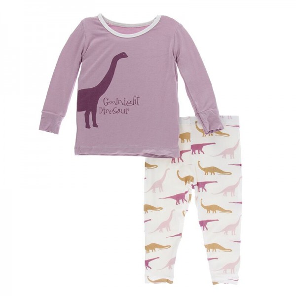 Print Long Sleeve Pajama Set in Natural Good Night Dinosaur