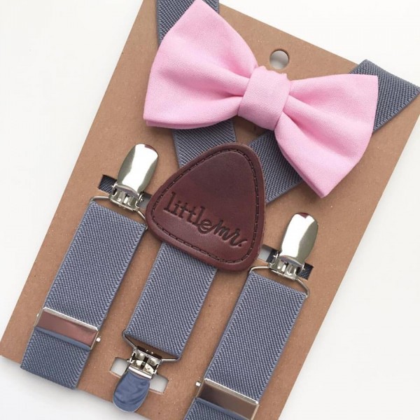 Little Mr. GRAY SUSPENDERS W/PINK BOW TIE 