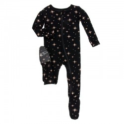 Holiday Print Footie with Zipper in Rose Gold Bright Stars 