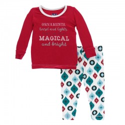 Holiday Print Long Sleeve Pajama Set in Natural Vintage Ornaments