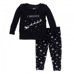 Holiday Print Long Sleeve Pajama Set in Silver Bright Stars 