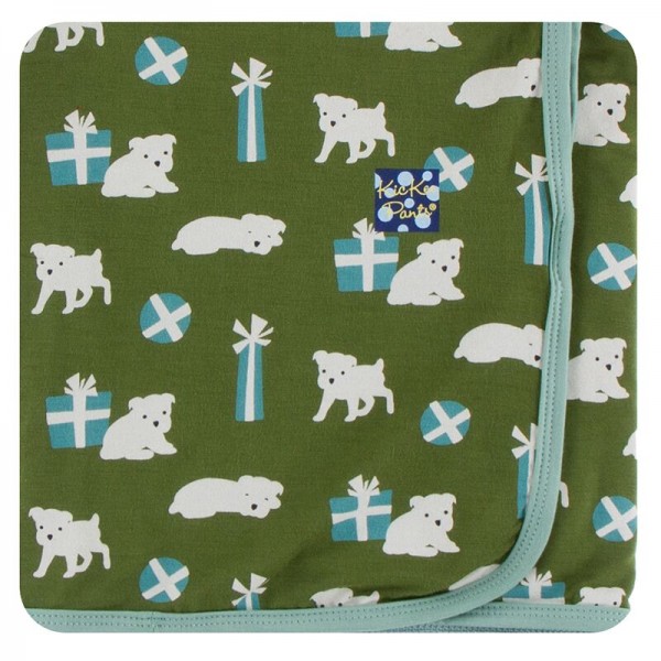 Holiday Print Swaddling Blanket in Moss Puppies and Presents 