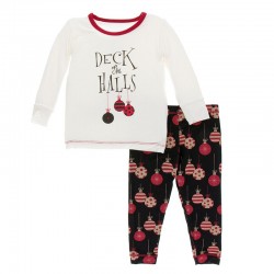 Holiday Print Long Sleeve Pajama Set in Natural Deck the Halls