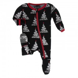 Holiday Print Footie with Zipper in Midnight Foil Tree