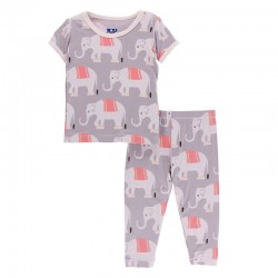 Print Short Sleeve Pajama Set in Feather Indian Elephant
