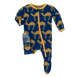 Print Footie with Zipper in Navy Camel 
