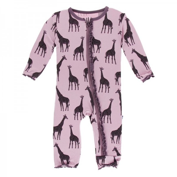 Print Muffin Ruffle Coverall with Zipper in Sweet Pea Giraffe