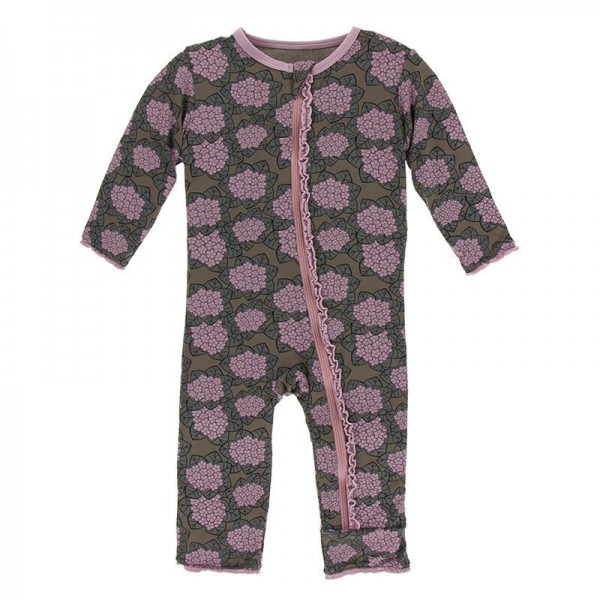 Print Muffin Ruffle Coverall with Zipper in African Violets 