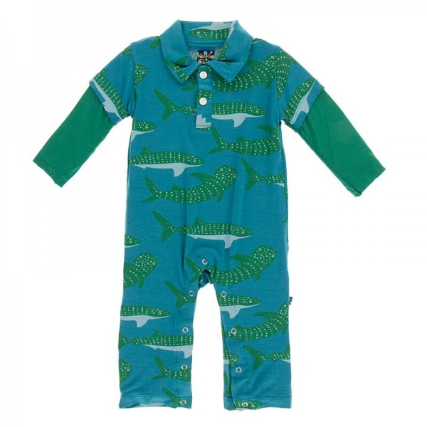 Print Long Sleeve Polo Romper in Seagrass Whale Shark