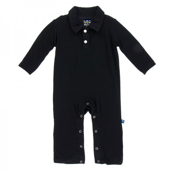 Solid Long Sleeve Polo Romper in Midnight