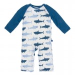 Print Long Sleeve Raglan Romper in Natural Megalodon 