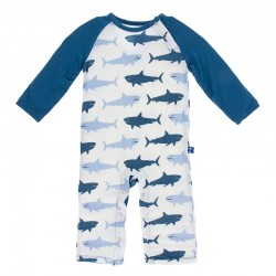 Print Long Sleeve Raglan Romper in Natural Megalodon 
