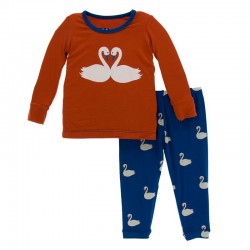 Print Long Sleeve Pajama Set in Navy Queen's Swans