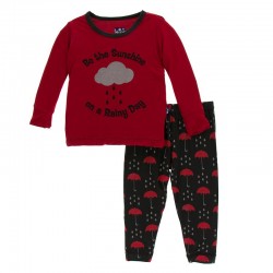 Print Long Sleeve Pajama Set in Umbrellas and Rain Clouds