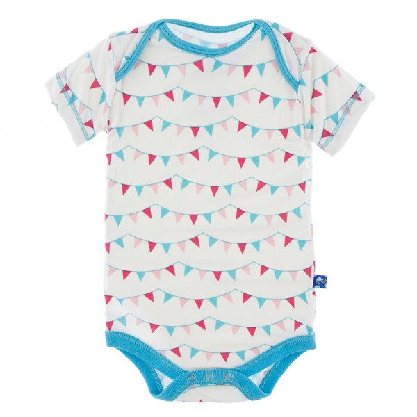 Print Short Sleeve One Piece in Flamingo Party Flags Print Short Sleeve One Piece in Flamingo Party Flags