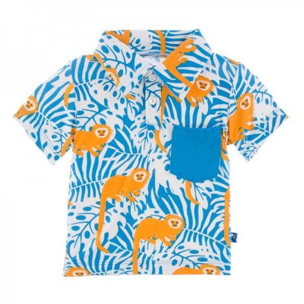 Print Short Sleeve Polo with Pocket in Tamarin Monkey