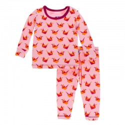 Print Long Sleeve Pajama Set in Lotus Origami Crane