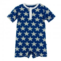Print Short Sleeve Henley Romper in Vintage Stars