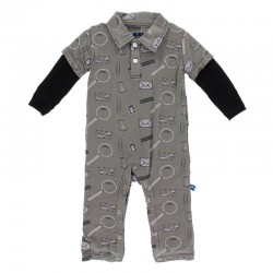 Print Long Sleeve Layer Polo Romper in Par Avion