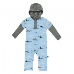 Print Long Sleeve Hoodie Romper in Pond Airplanes