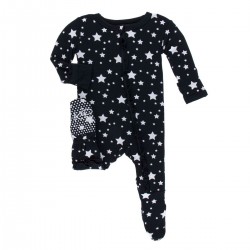 Print Layette Classic Ruffle Footie with Zipper in Silver Stars
