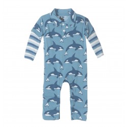 Print L/S Polo Romper in Blue Moon Orca