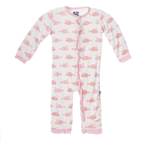 Print Fitted Ruffle Coverall in Girl Cowfish Print Fitted Ruffle Coverall in Girl Cowfish