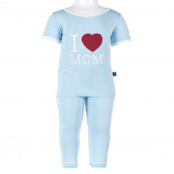 Short Sleeve Applique Pajama Set in Pond - I love Mom 