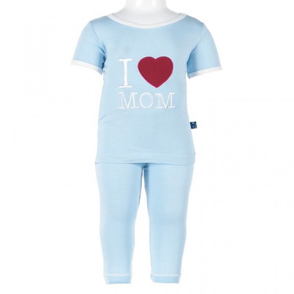 Short Sleeve Applique Pajama Set in Pond - I love Mom 