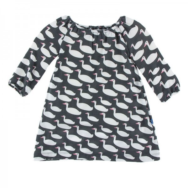 Print Long Sleeve Peasant Dress in Stone Geese 