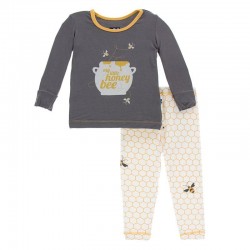 Print Long Sleeve Pajama Set in Natural Honeycomb